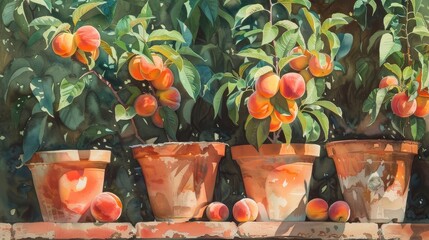 Poster - Lush,thriving peach trees in outdoor planters,showcasing an abundant harvest of vibrant,ripe peach fruits amidst the verdant foliage.