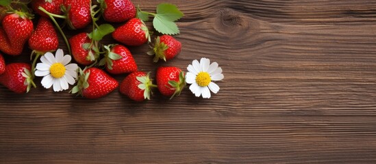 Poster - Strawberries and flowers displayed on a rustic brown wooden surface with ample copy space image.