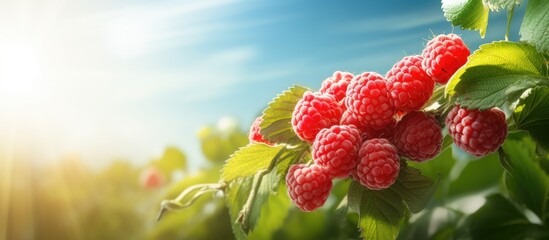 Poster - Ripe and unripe raspberries soaking up the sun on a summer day, creating a vibrant shot with copy space image.
