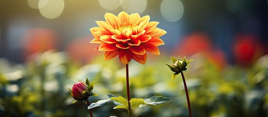 Aufkleber - A vibrant yellow and red flower blooms in the garden, adding a burst of color to the serene setting with plenty of surrounding copy space image.