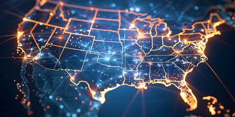 Poster - Digital map of the United States with glowing connections, representing global connectivity and technology in business
