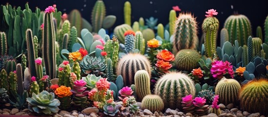 Poster - A beautiful garden backdrop featuring colorful cacti with a variety of hues, ideal for enhancing any design with copy space image.
