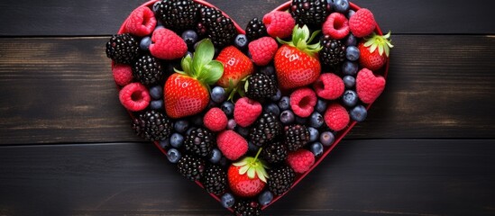 Poster - Berries arranged in heart shape on rustic black wooden plate with copy space image.