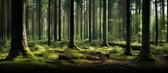 Wall Mural - Forest scene with tall tree trunks devoid of branches, offering an ideal copy space image.