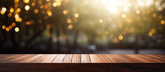 Poster - Wooden table with no items on top and a vibrant bokeh background, ideal for a copy space image.