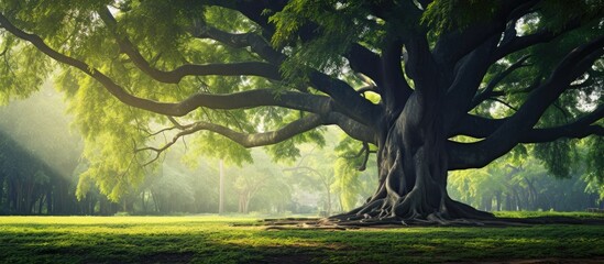 Poster - An ancient banyan tree stands tall in the midst of the city park, surrounded by lush greenery and providing a peaceful haven for wildlife, with a captivating copy space image.