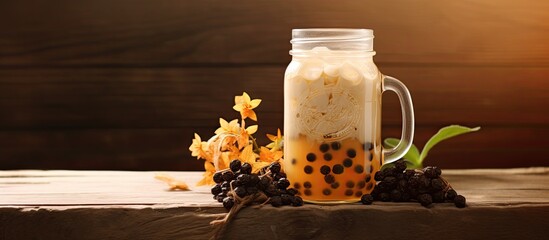Aufkleber - Bubble tea in a mason jar with tapioca pearls, presenting a delightful homemade drink in a rustic setting with copy space image.
