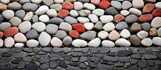 Aufkleber - Ancient cobblestone pathway with a mix of red, gray, and white stones creating a textured backdrop for a copy space image.