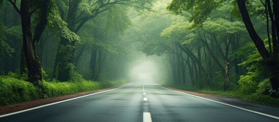 Poster - A quiet road with clear markings weaving through the dense forest, creating a serene landscape with copy space image.