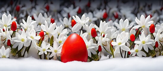 Wall Mural - Isolated red Easter egg hidden among snowdrop flowers, with copy space image.
