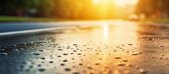 Aufkleber - Warm summer raindrops gently descending on the road, creating a serene atmosphere in the copy space image.
