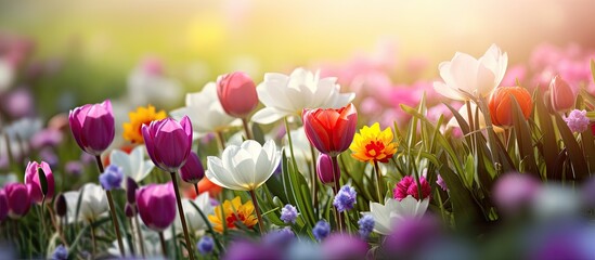 Poster - Gorgeous spring flowers blooming in garden, with a copy space image available for text or design insertion.