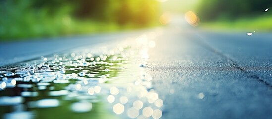 Aufkleber - Warm summer raindrops gently descending on the road, creating a serene atmosphere in the copy space image.
