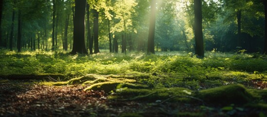 Poster - Sunlight illuminates leaves in the forest, creating a picturesque natural setting with a copy space image.