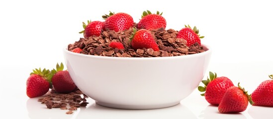 Poster - A vertical shot of vibrant red bowl filled with fresh strawberries and chocolate granola, set against a white backdrop, ideal for a copy space image.