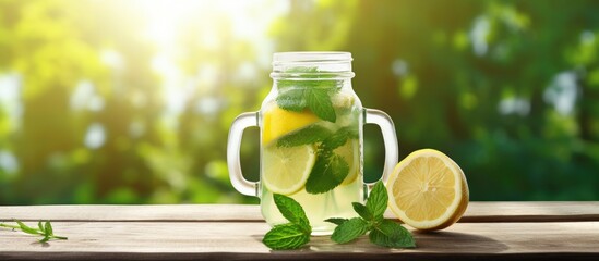Poster - Refreshing homemade lemonade with lime and mint presented in a mason jar on a rustic wooden table, providing a charming setting for a relaxing drink with a beautiful copy space image.