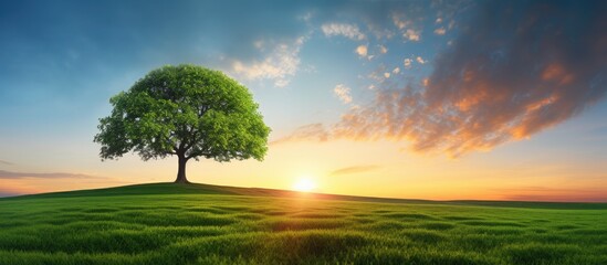 Poster - An evening summer sunset setting the scene for a solitary tree in a green grass field, creating a captivating copy space image.