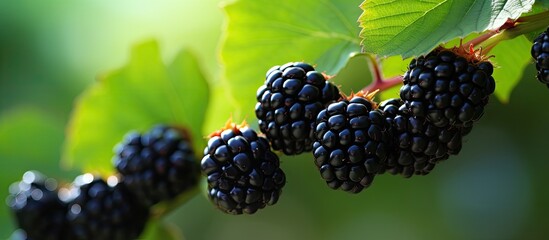 Poster - Wild blackberries, ripe for picking in the forest with a beautiful natural background perfect for a copy space image.
