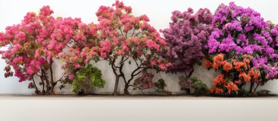 Poster - Ornamental trees in the park stand against a white wall backdrop adorned with beautiful flowers for a copy space image.