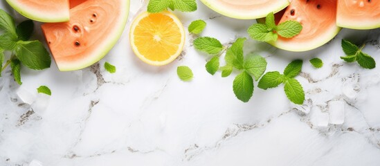 Poster - A deliciously sliced melon, with fresh mint and ice, beautifully arranged on a marble surface in a top-down view, with ample copy space image.