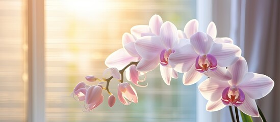 Poster - Vertical image of a stunning orchid flower by the window with ample copy space.