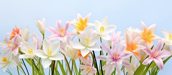 Poster - Transform vibrant Zephyranthes Lily flowers into a cheerful and bright composition with copy space image available.