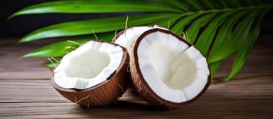 Poster - Two appealing tropical coconuts with green leaves and white flakes on a wooden table, providing a summery copy space image for vegetarian recipes.