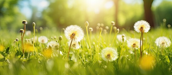 Aufkleber - Dandelions bloom among lush green grass under the bright spring sun in the image with copy space.