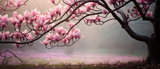 Aufkleber - Garden with a beautiful magnolia blossom, with a serene atmosphere and copy space image available.