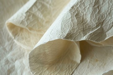 Poster - Closeup of delicate and elegant crinkled textured paper background in natural light, with a subtle, minimalist, and organic design pattern in soft white and beige colors