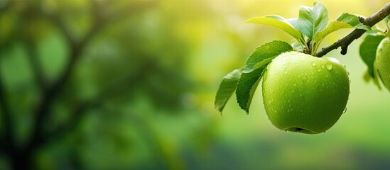 Poster - Fresh apple on tree branch in garden. Healthy organic food with sweet, ripe taste. Vibrant green backdrop with bright agricultural copy space image.
