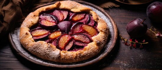 Poster - Plum Galette: A rustic open pie with a plum crust and a vegan, vegetarian autumn dessert, featuring copy space image.