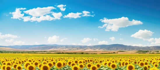 Poster - mature sunflower field with a scenic background and texture viewed from the side, ideal for copy spa