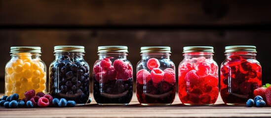 Wall Mural - Bottles of ripe and sweet berries positioned on a wooden table with a background of copy space image.