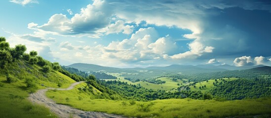 Poster - Scenic valley with a footpath, trees, and a cloudy sky, perfect for a photo with copy space image.