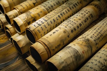 Collection of ancient chinese scrolls with traditional calligraphy and art on a rustic wood surface