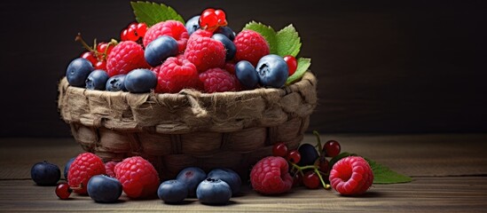 Wall Mural - A basket filled with raspberries, cherries, and blueberries, set against a rustic background with copy space image.