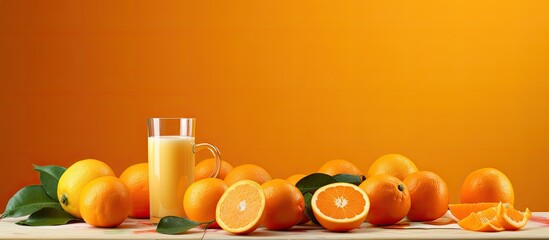 Poster - Fresh and delicious oranges and orange juice, displayed in a vibrant copy space image.