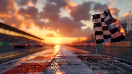 Wall Mural - Black and white chequered flag on the background of racing track with cars, blurred race event in sunset light.