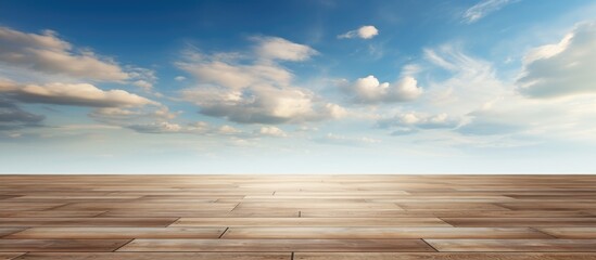 Aufkleber - Wooden floor set against a backdrop of the sky filled with clouds, suitable as a copy space image.
