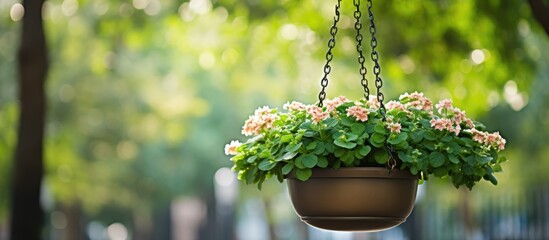 Aufkleber - Hanging Garden: Flower pot suspended from a metal chain in the park, ideal for a copy space image.