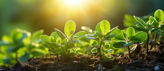 Poster - Lighted up by the morning sun, a common purslane plant with a close-up view of pigweed in the garden, creating an idyllic copy space image.