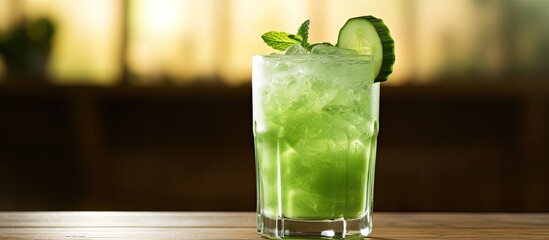 Poster - Summer-themed cucumber cocktail in a glass with a straw on a wooden table against a green natural background, perfect for a copy space image.
