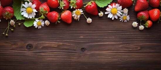 Poster - Strawberries and flowers displayed on a rustic brown wooden surface with ample copy space image.