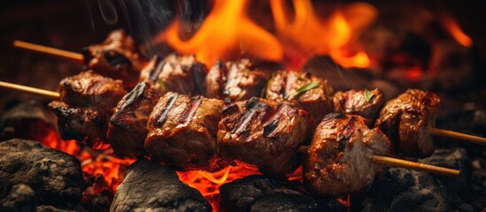 Poster - Outdoor skewers with grilled lamb meat shish kebab, with copy space image.