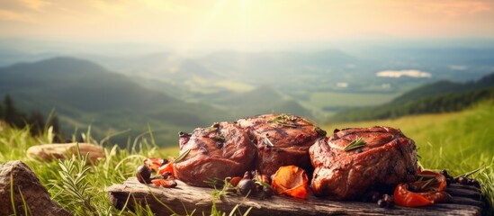 Poster - Grilled meat outdoors with a picturesque natural background in the copy space image.
