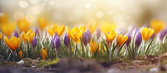 Poster - The garden showcases vibrant yellow crocus or saffron buds blooming under the spring sun, adding a touch of early spring color to the landscape, creating a picturesque scene with copy space image.