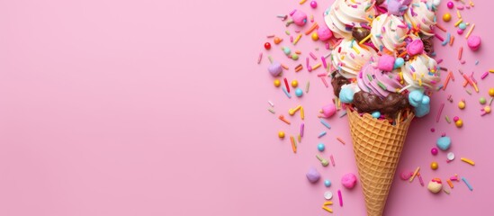 Poster - Flat lay of an ice cream cone adorned with vibrant party streamers on a pink background, creating a festive and cheerful copy space image.