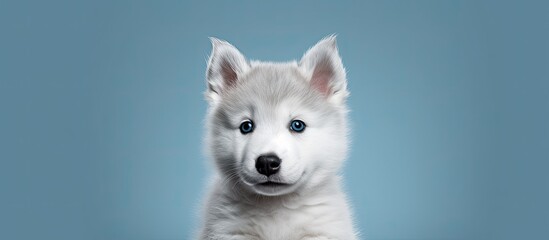 Poster - A cute, fluffy husky puppy with blue eyes and a playful expression, perfect for a pet store ad with copy space image.
