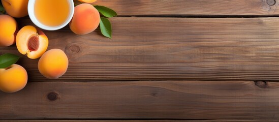 Aufkleber - Apricots and apricot juice arranged in a flat lay composition on a wooden background, with a designated copy space image.